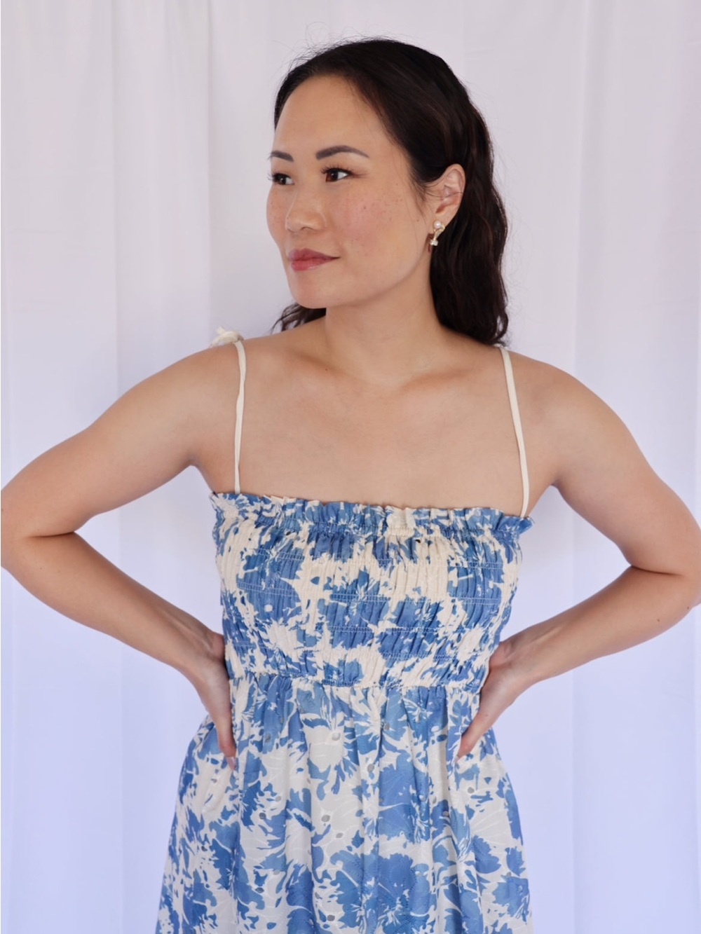 Blue and Cream Floral Midi Dress with Smocked Bodice
